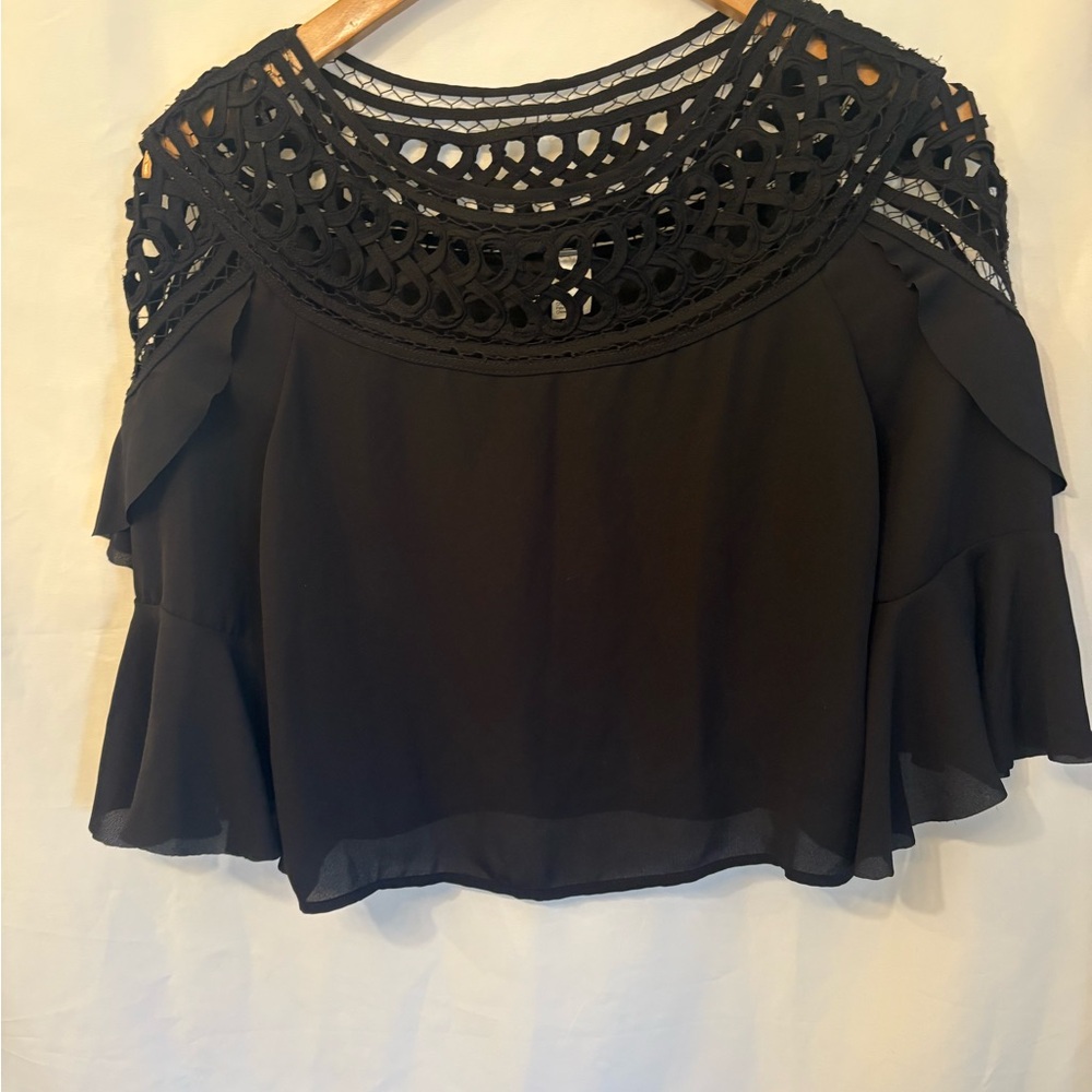 H&M  Size 4 Small Black Crochet Ruffles Mid Crop Top Blouse, Summer Top